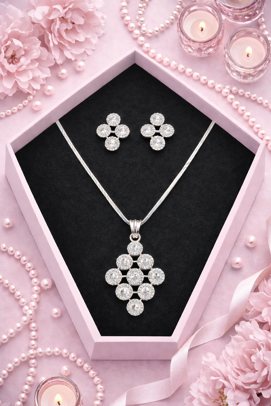 Floral Cluster Chain Pendant and Stud Earring Set - White