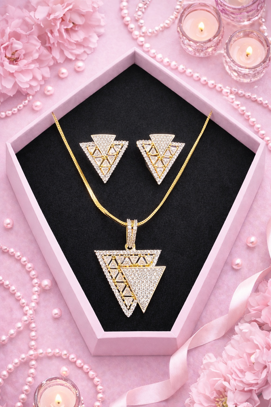 Layered Triangle Chain Pendant and Earring Set - Gold