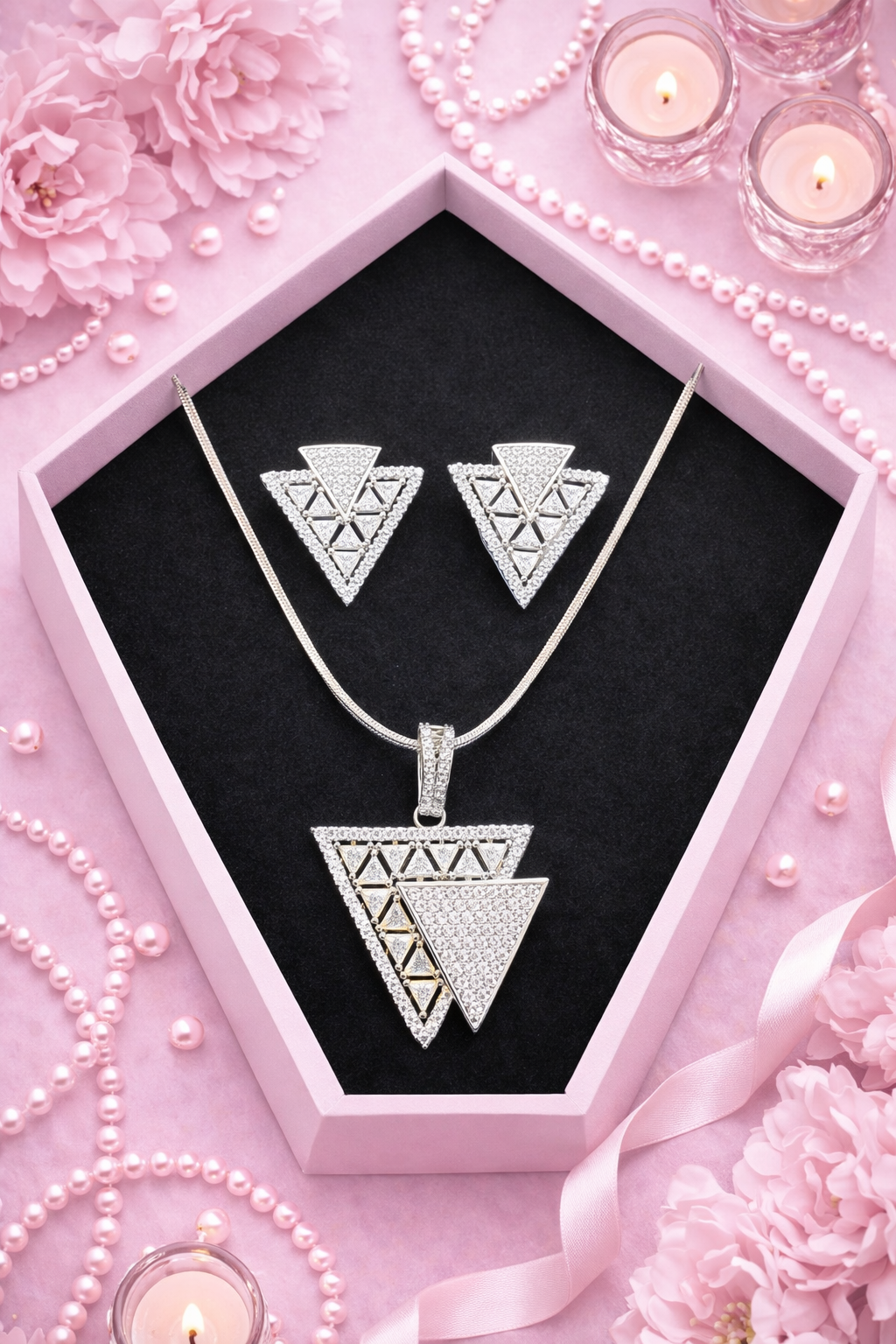 Layered Triangle Chain Pendant and Earring Set - Silver