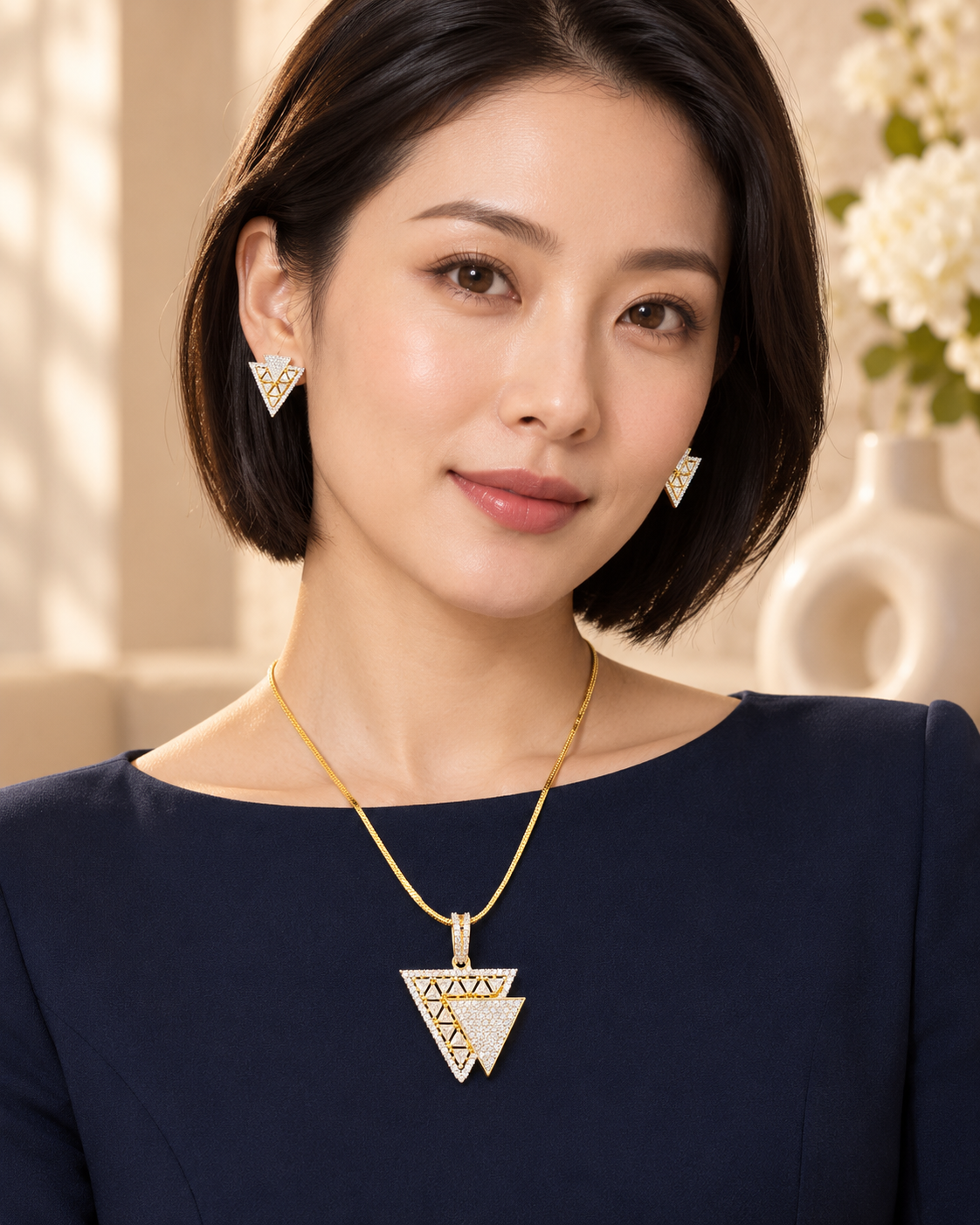 Model wearing Layered Triangle Chain Pendant and Earring Set in White, Gold-tone finish