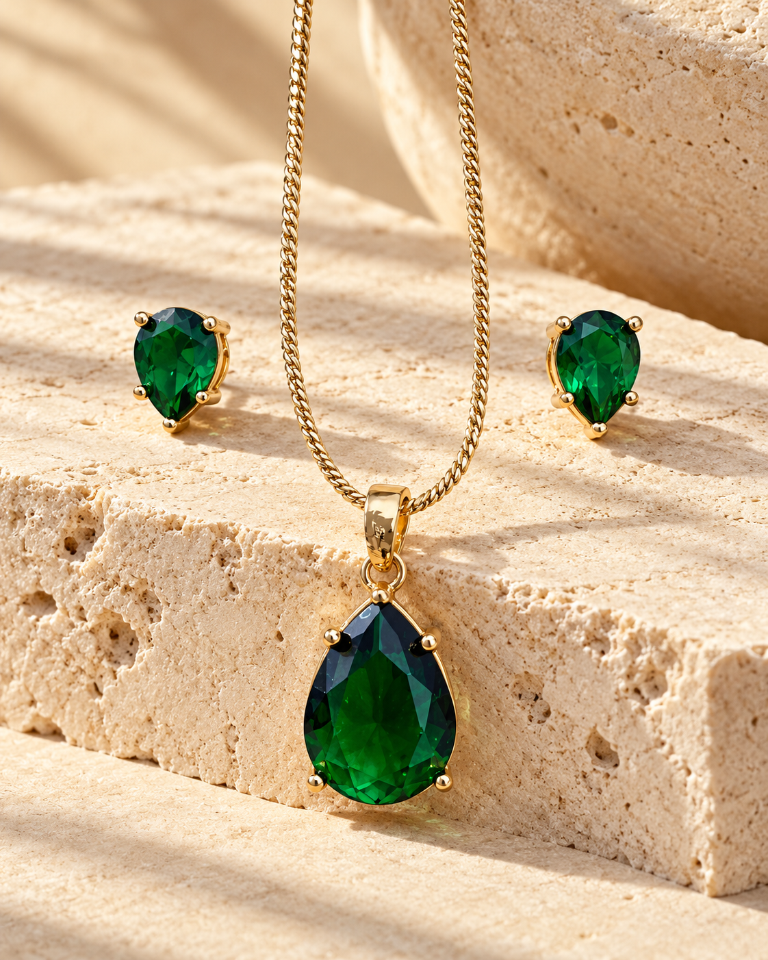 Pear Solitaire Chain Pendant and Stud Set in Green, Gold-tone setting, artistic stone display