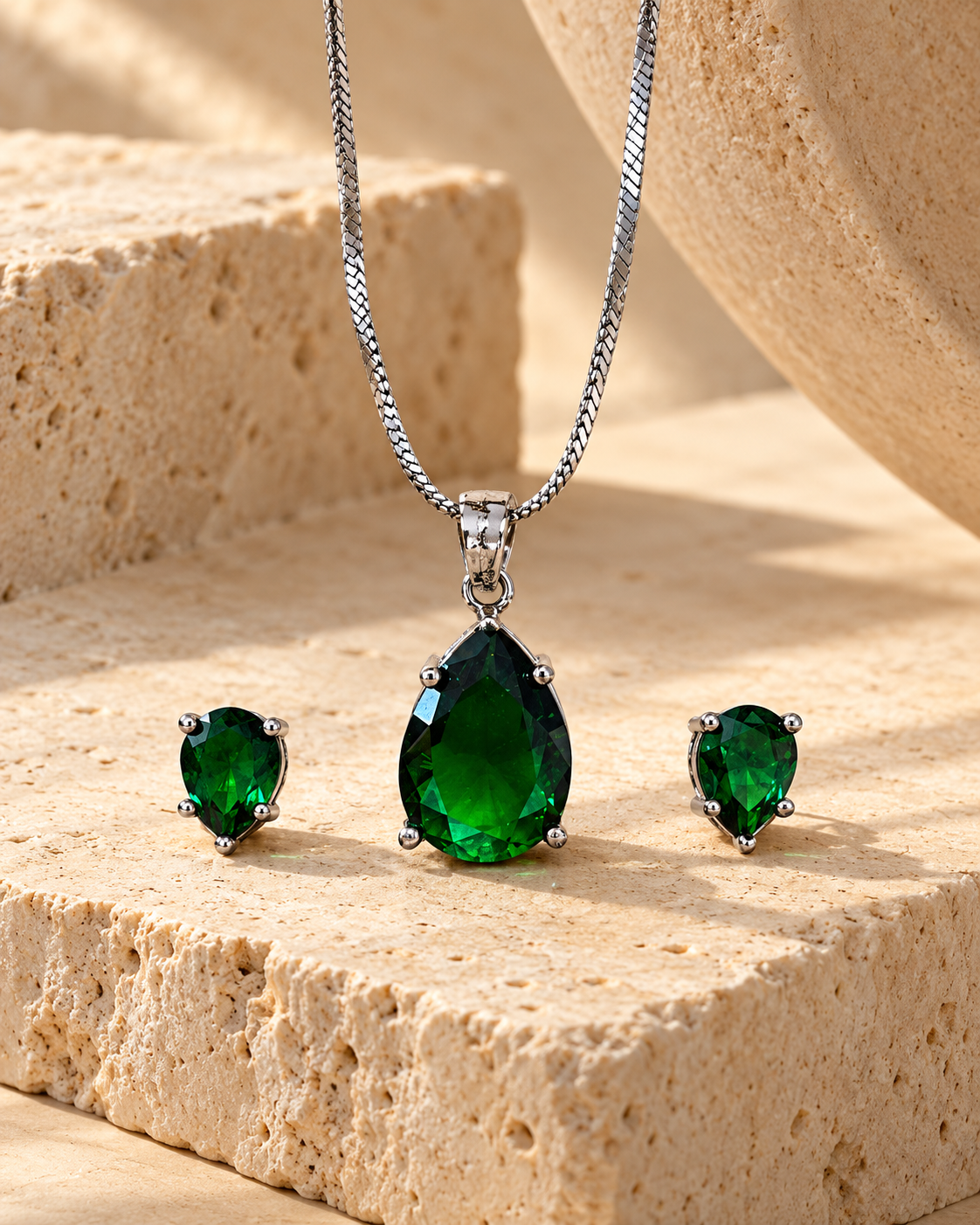 Pear Solitaire Chain Pendant and Stud Set in Green, Silver-tone setting, artistic stone display
