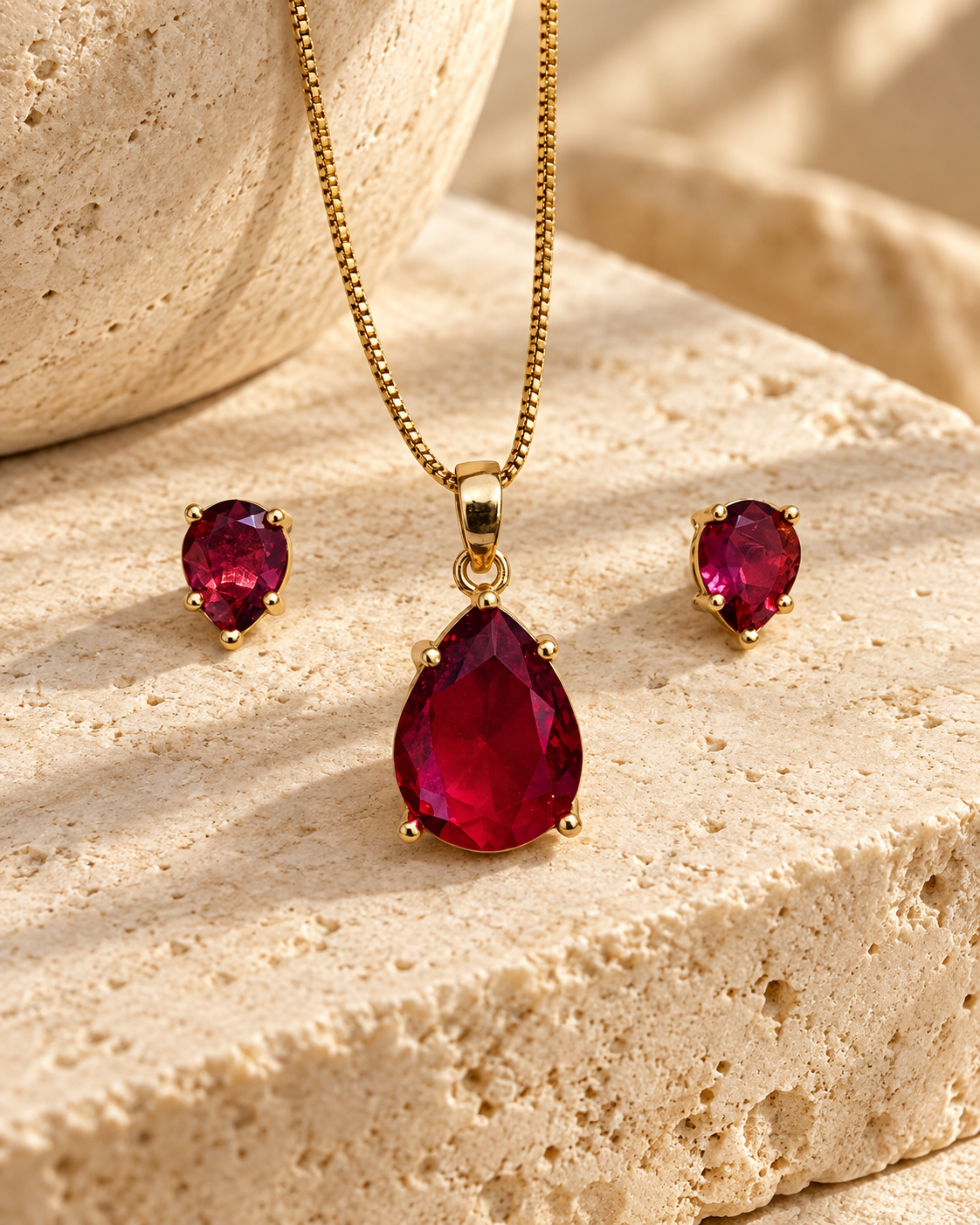 Pear Solitaire Chain Pendant and Stud Set in Red, Gold-tone setting, artistic stone display