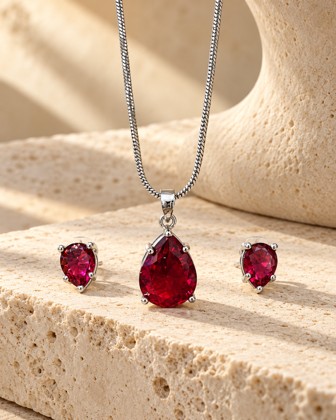 Pear Solitaire Chain Pendant and Stud Set in Red, Silver-tone setting, artistic stone display