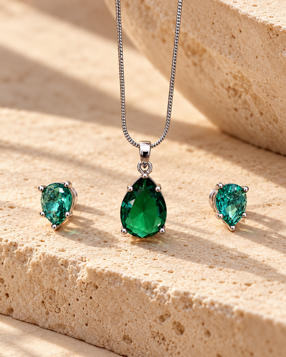 Pear Solitaire Chain Pendant and Stud Set in Teal, Silver-tone setting, artistic stone display