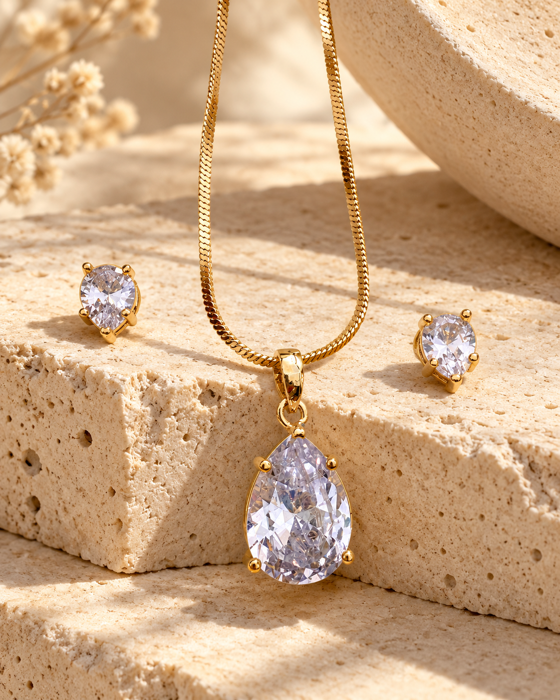 Pear Solitaire Chain Pendant and Stud Set in White, Gold-tone setting, artistic stone display