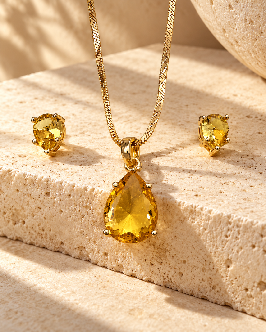 Pear Solitaire Chain Pendant and Stud Set in Yellow, Gold-tone setting, artistic stone display