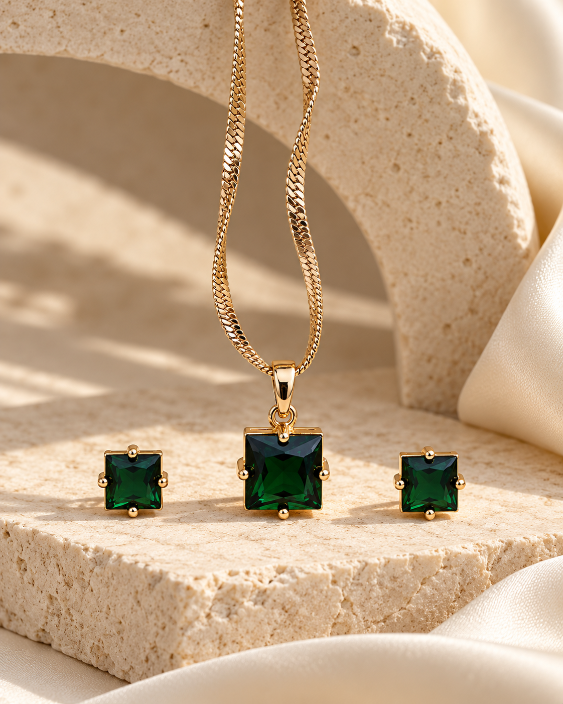 Square Solitaire Chain Pendant and Stud Set in Green, Gold-tone setting, artistic stone display