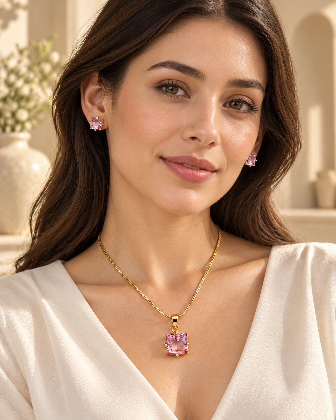 Model wearing square solitaire chain pendant and stud set in Pink with Gold-tone finish