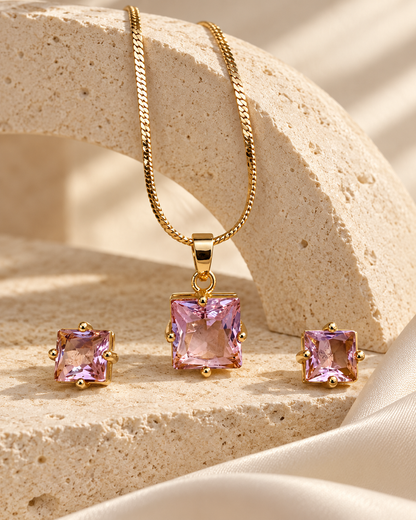 Square Solitaire Chain Pendant and Stud Set in Pink, Gold-tone setting, artistic stone display