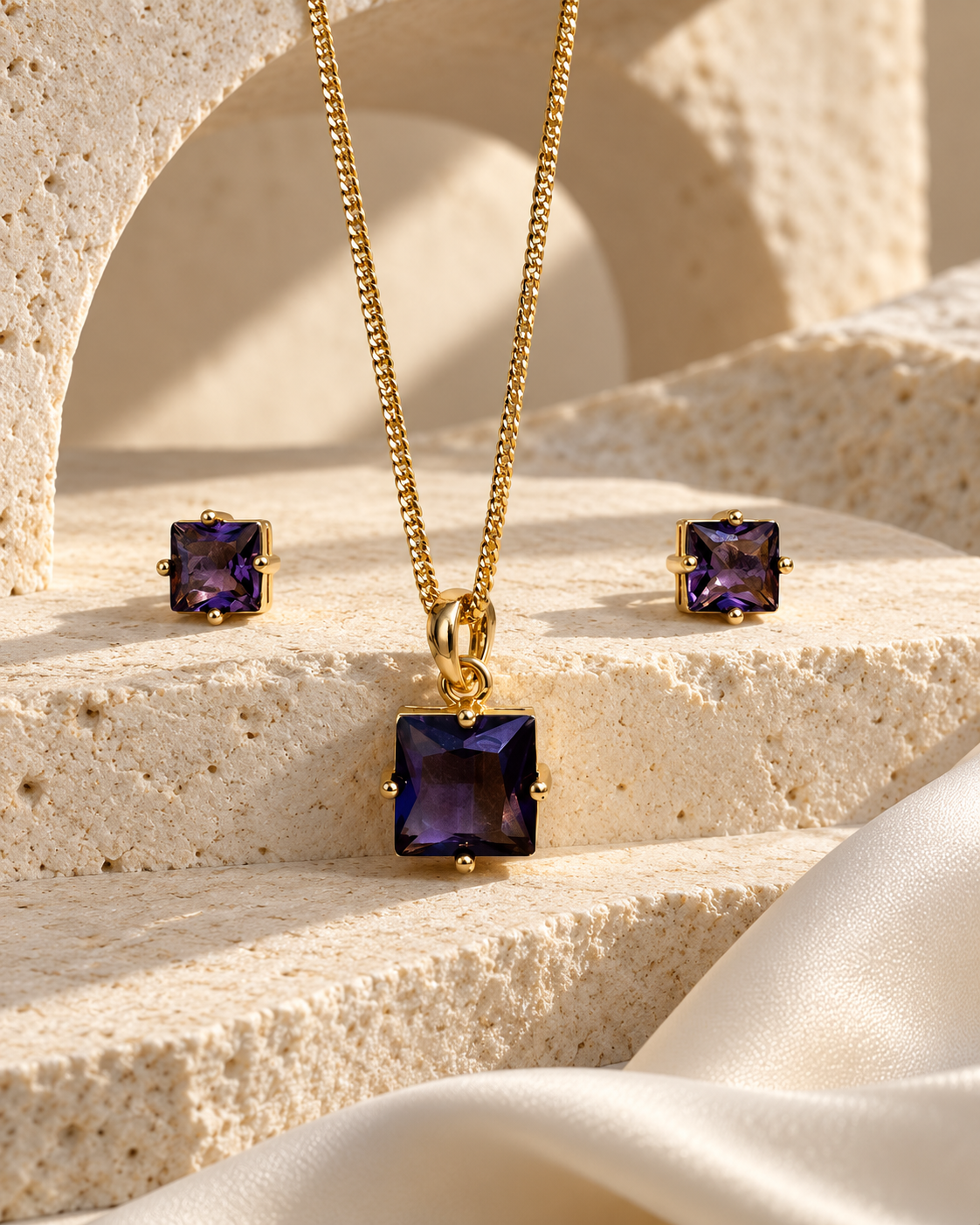 Square Solitaire Chain Pendant and Stud Set in Purple, Gold-tone setting, artistic stone display