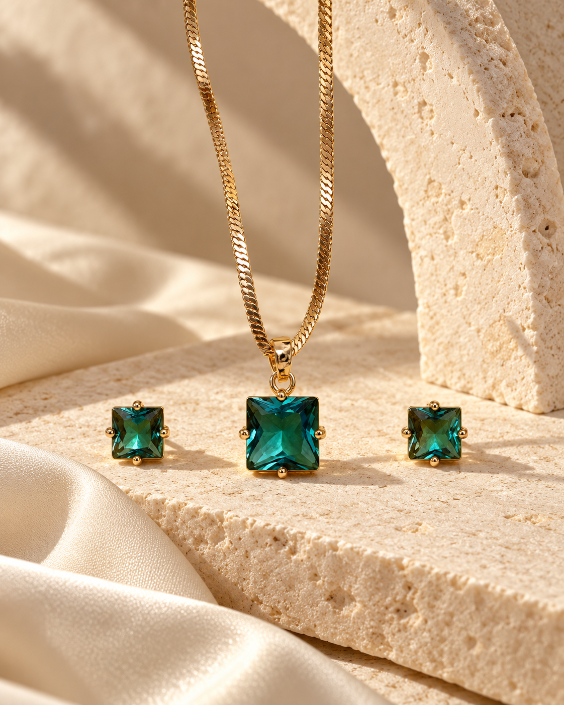 Square Solitaire Chain Pendant and Stud Set in Teal, Gold-tone setting, artistic stone display