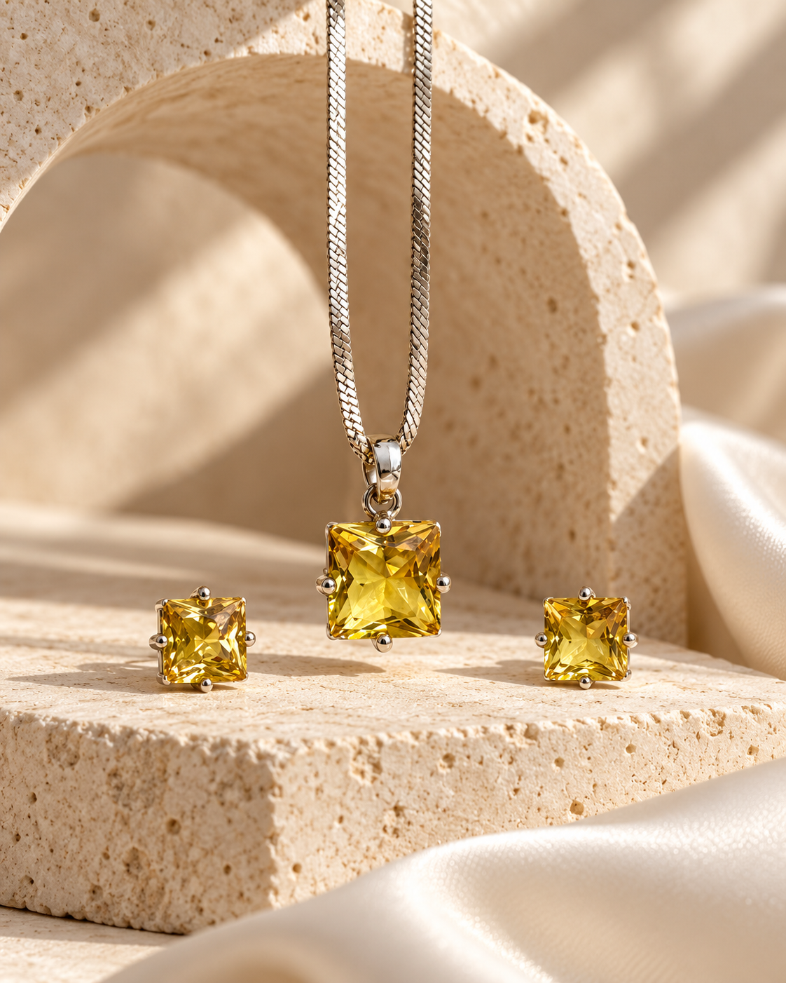 Square Solitaire Chain Pendant and Stud Set in Yellow, Silver-tone setting, artistic stone display