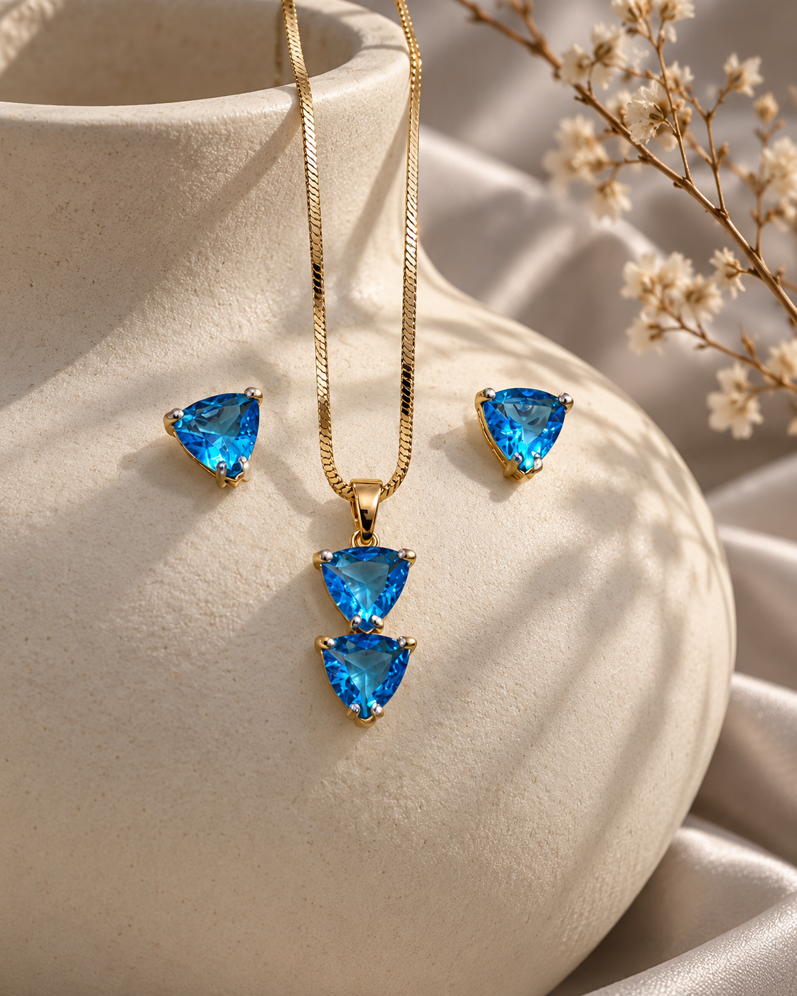 Twin Triangle Chain Pendant and Stud Set in Blue, Gold-tone setting, artistic jewellery display