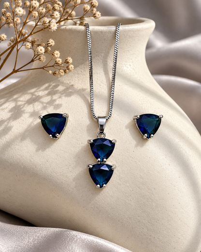 Twin Triangle Chain Pendant and Stud Set in Blue, Silver-tone setting, artistic jewellery display
