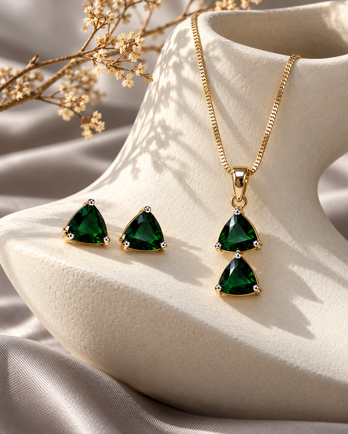 Twin Triangle Chain Pendant and Stud Set in Green, Gold-tone setting, artistic jewellery display