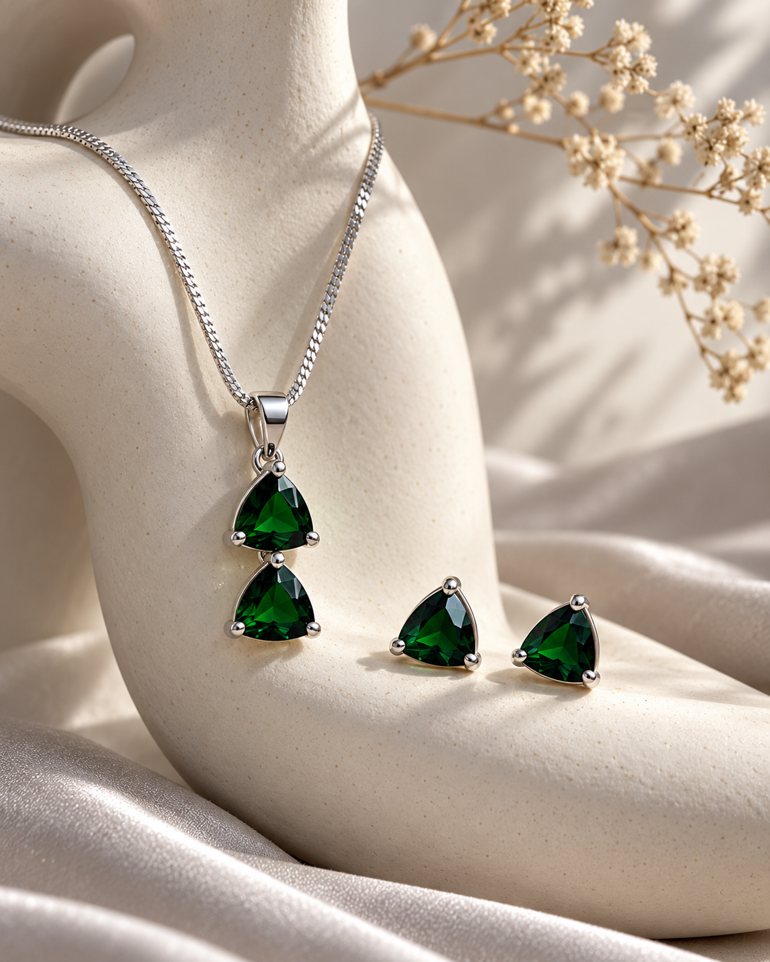 Twin Triangle Chain Pendant and Stud Set in Green, Silver-tone setting, artistic jewellery display