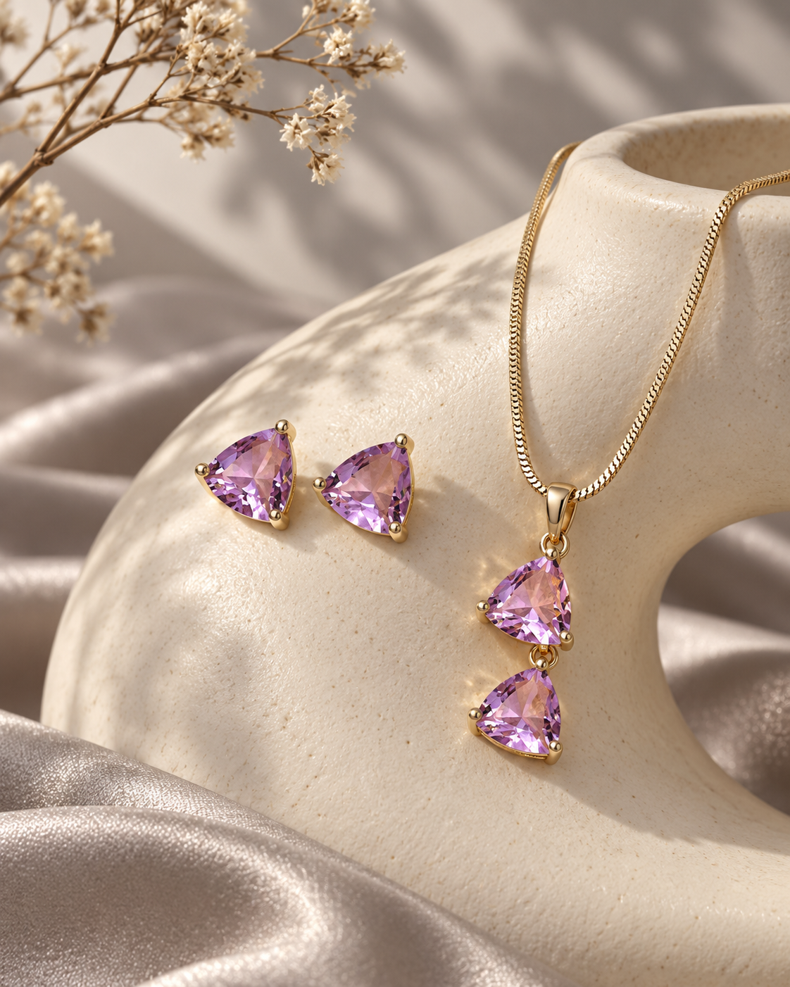Twin Triangle Chain Pendant and Stud Set in Pink, Gold-tone setting, artistic jewellery display