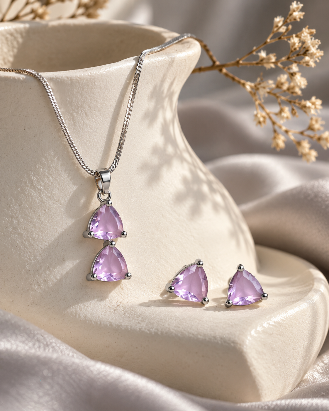 Twin Triangle Chain Pendant and Stud Set in Pink, Silver-tone setting, artistic jewellery display