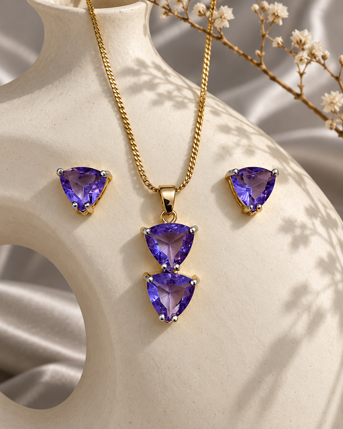 Twin Triangle Chain Pendant and Stud Set in Purple, Gold-tone setting, artistic jewellery display
