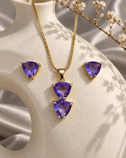 Twin Triangle Chain Pendant and Stud Set in Purple, Gold-tone setting, artistic jewellery display