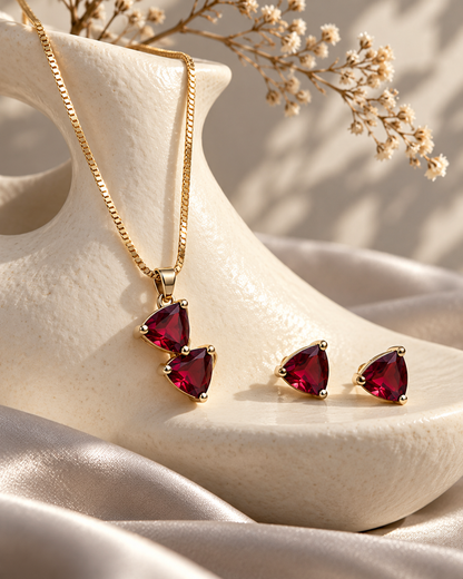 Twin Triangle Chain Pendant and Stud Set in Red, Gold-tone setting, artistic jewellery display
