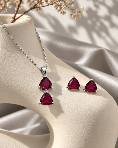 Twin Triangle Chain Pendant and Stud Set in Red, Silver-tone setting, artistic jewellery display