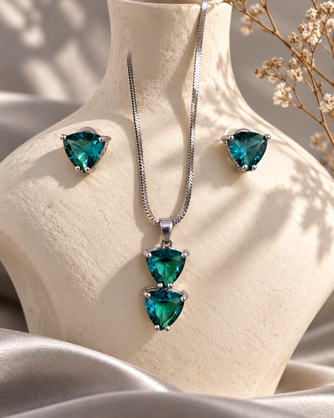 Twin Triangle Chain Pendant and Stud Set in Teal, Silver-tone setting, artistic jewellery display