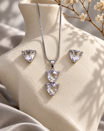 Twin Triangle Chain Pendant and Stud Set in White, Silver-tone setting, artistic jewellery display