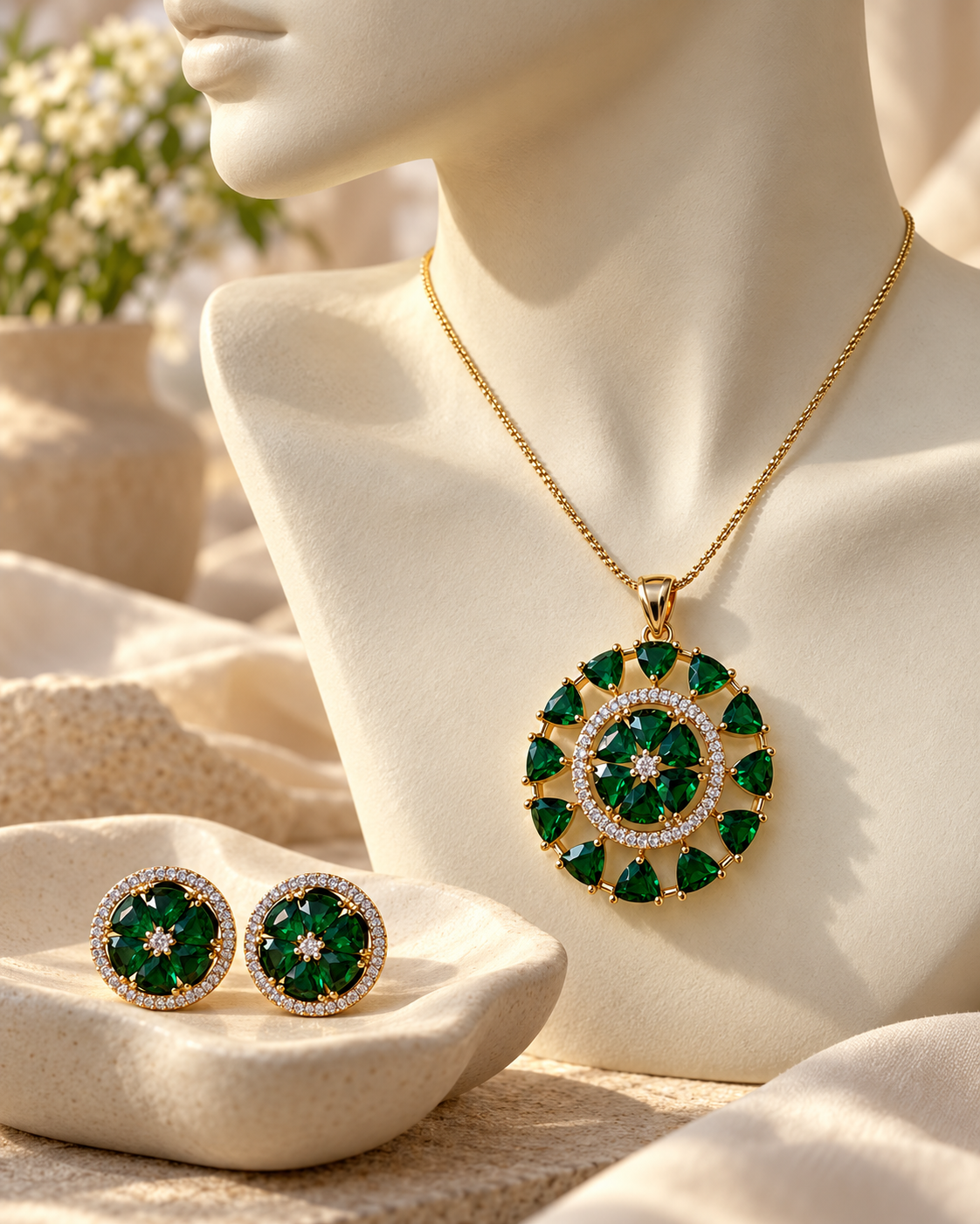 Round Sunburst Chain Pendant and Stud Set in Green, Gold-tone setting, artistic jewellery display