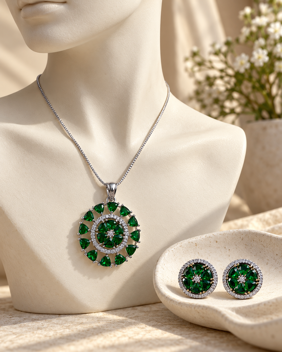 Round Sunburst Chain Pendant and Stud Set in Green, Silver-tone setting, artistic jewellery display