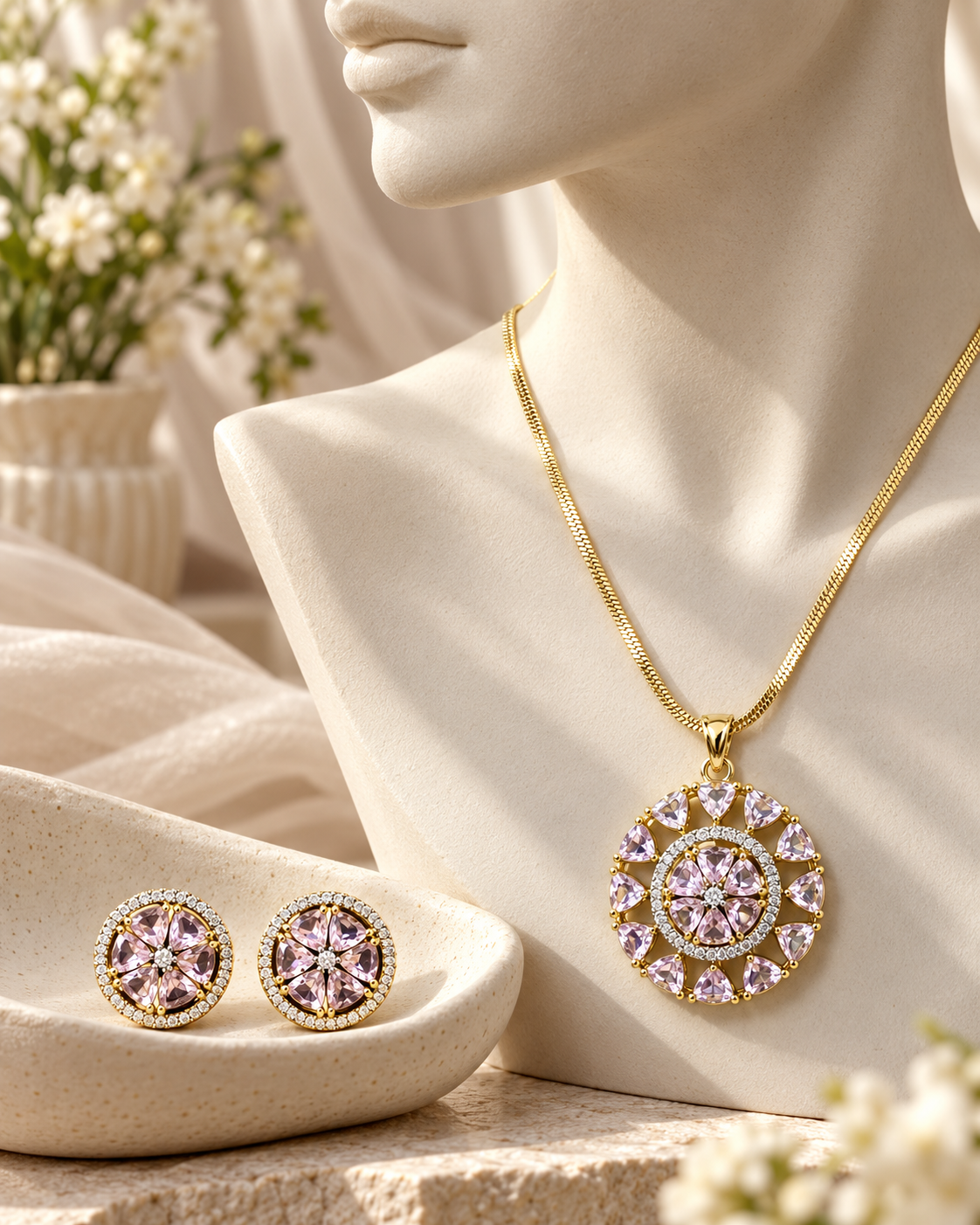 Round Sunburst Chain Pendant and Stud Set in Pink, Gold-tone setting, artistic jewellery display