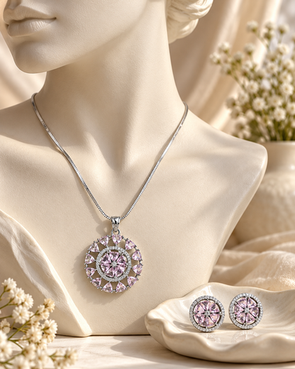 Round Sunburst Chain Pendant and Stud Set in Pink, Silver-tone setting, artistic jewellery display