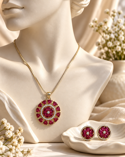 Round Sunburst Chain Pendant and Stud Set in Red, Gold-tone setting, artistic jewellery display