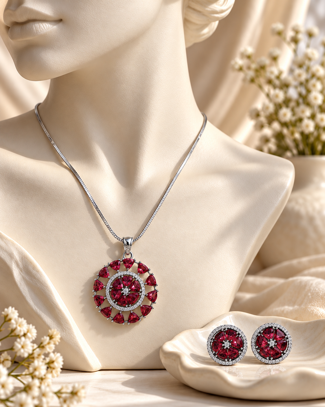 Round Sunburst Chain Pendant and Stud Set in Red, Silver-tone setting, artistic jewellery display