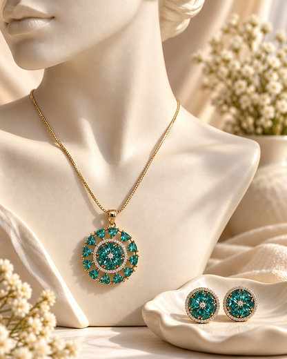 Round Sunburst Chain Pendant and Stud Set in Teal, Gold-tone setting, artistic jewellery display