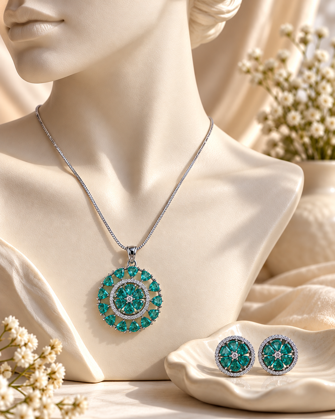 Round Sunburst Chain Pendant and Stud Set in Teal, Silver-tone setting, artistic jewellery display