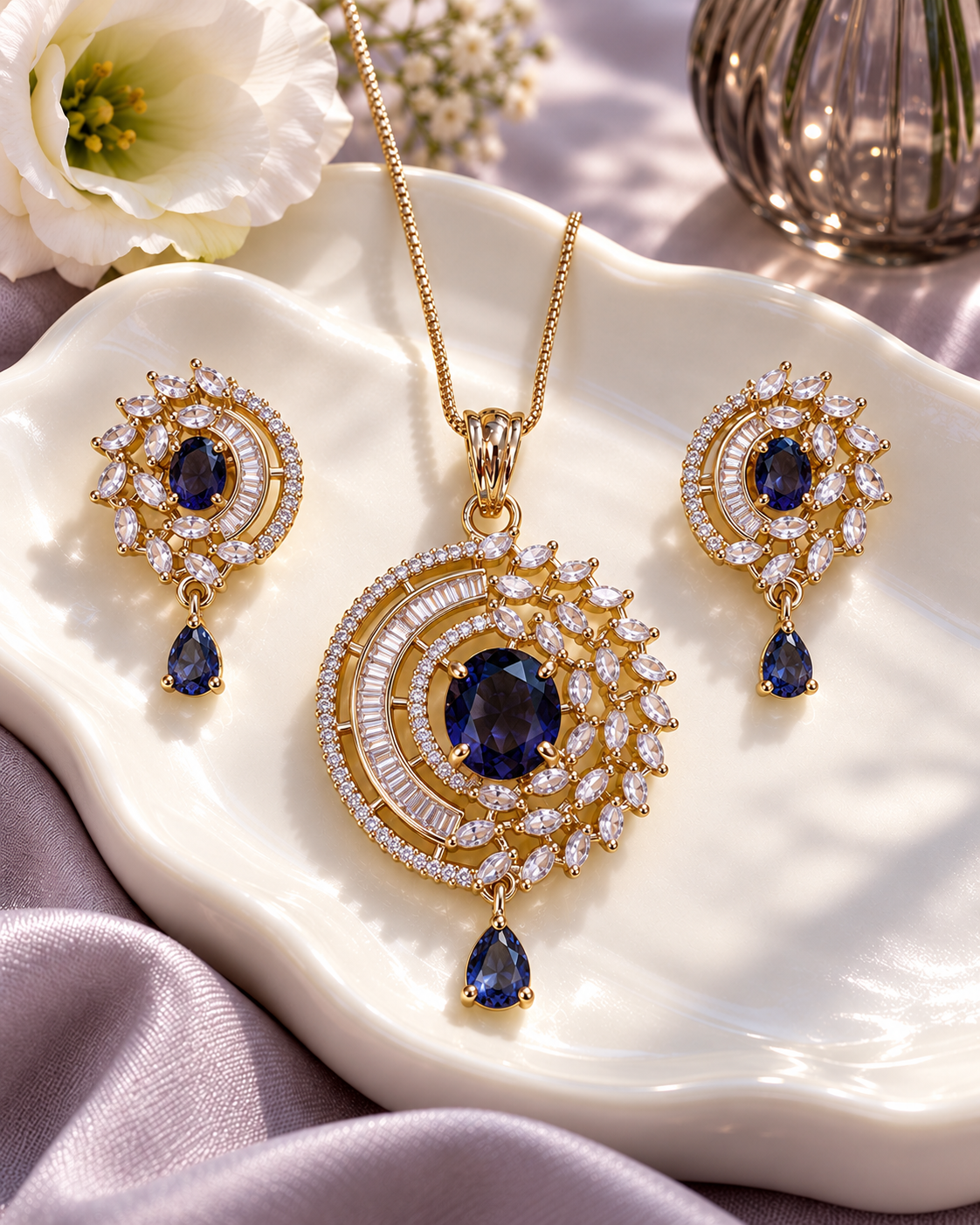 Celestial Halo Drop Chain Pendant and Earring Set in Blue, Gold-tone setting, artistic jewellery display