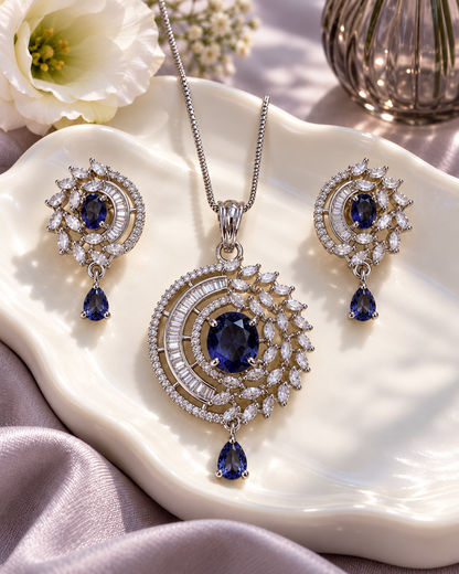 Celestial Halo Drop Chain Pendant and Earring Set in Blue, Silver-tone setting, artistic jewellery display