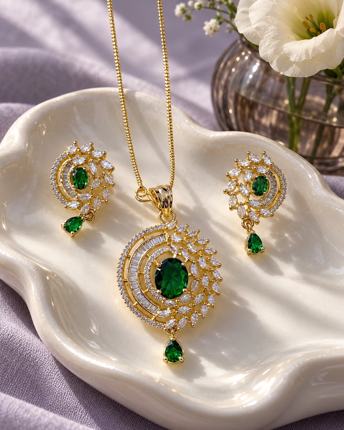 Celestial Halo Drop Chain Pendant and Earring Set in Green, Gold-tone setting, artistic jewellery display