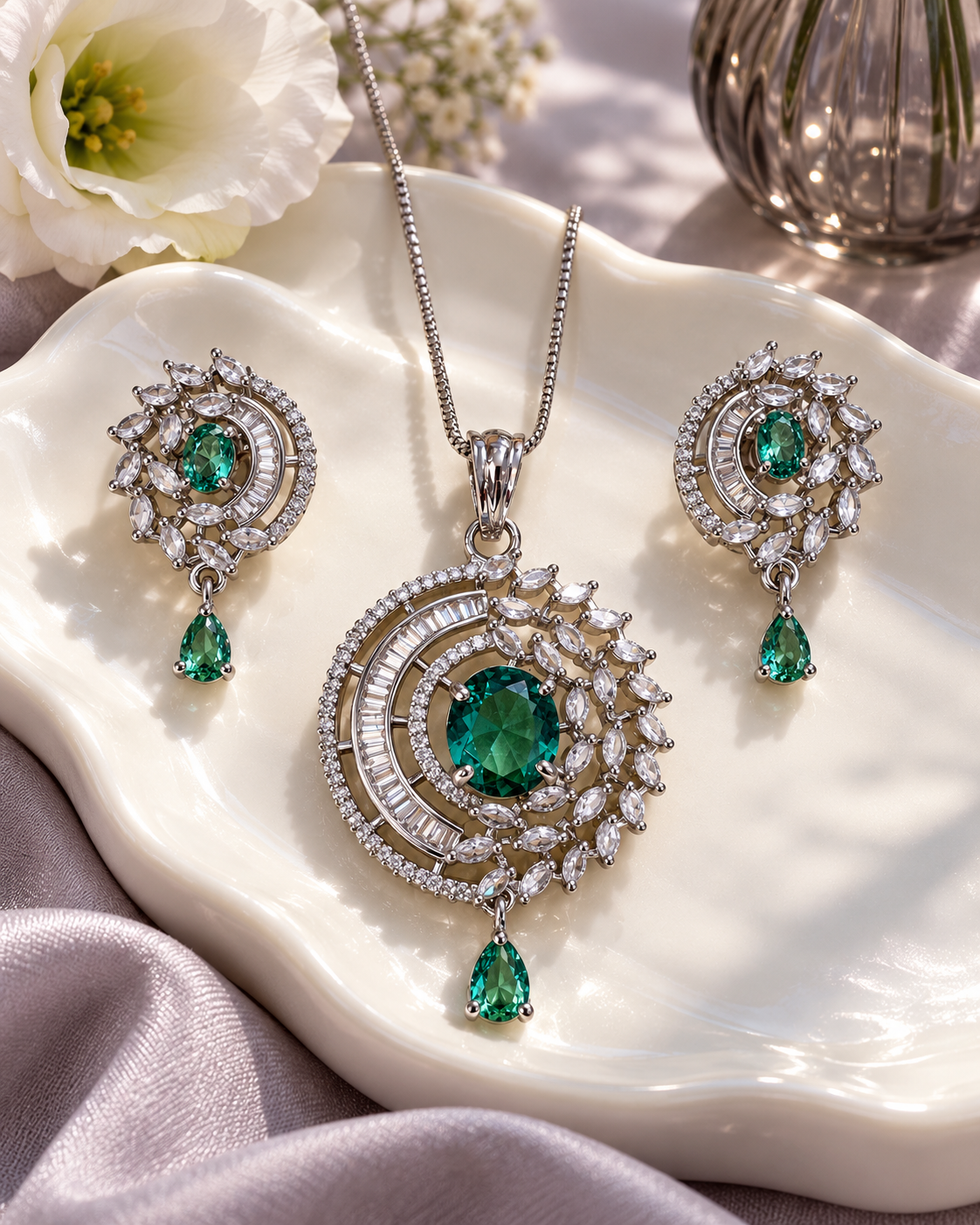 Celestial Halo Drop Chain Pendant and Earring Set in Green, Silver-tone setting, artistic jewellery display