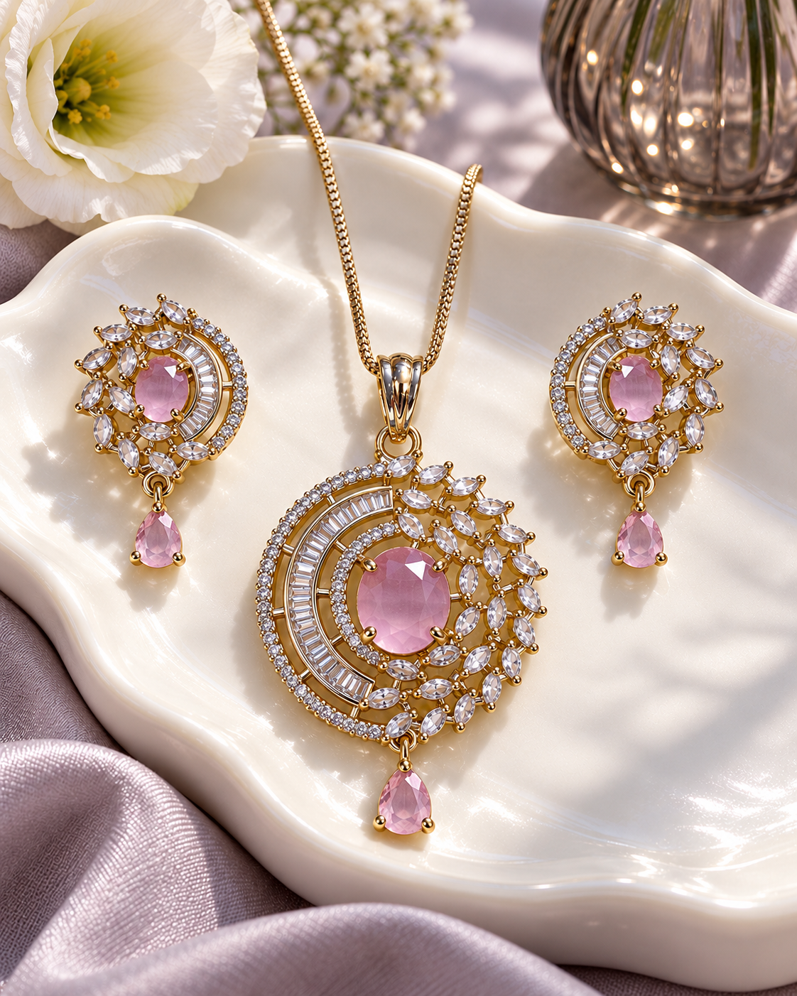 Celestial Halo Drop Chain Pendant and Earring Set in Pink, Gold-tone setting, artistic jewellery display