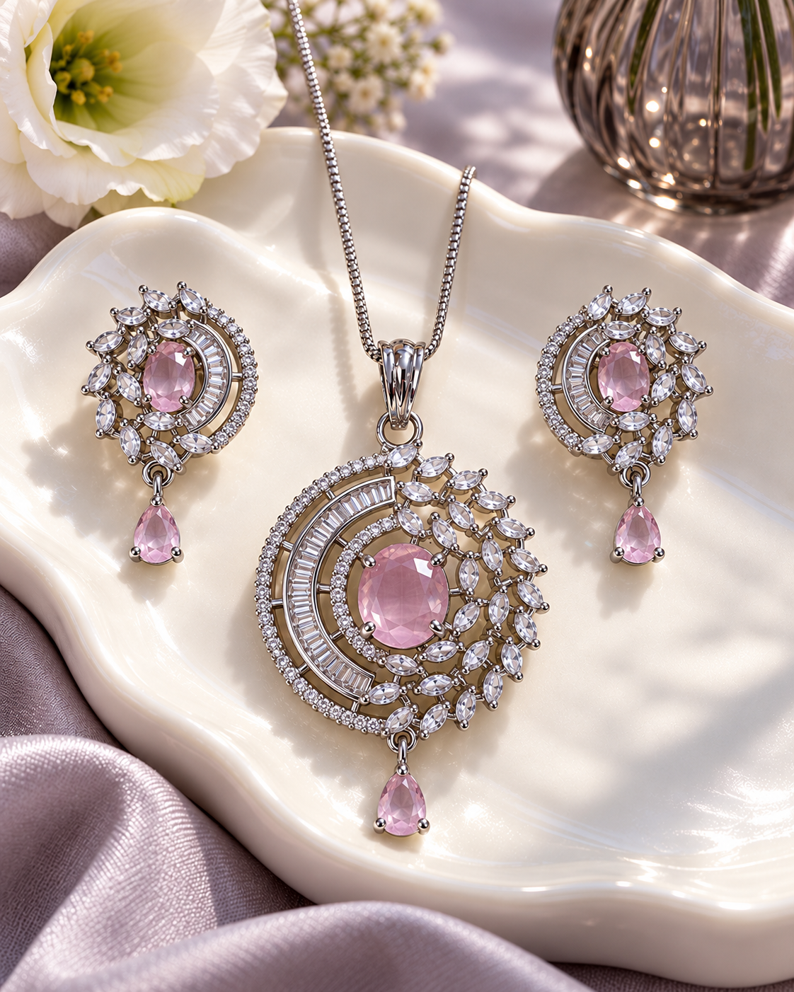 Celestial Halo Drop Chain Pendant and Earring Set in Pink, Silver-tone setting, artistic jewellery display