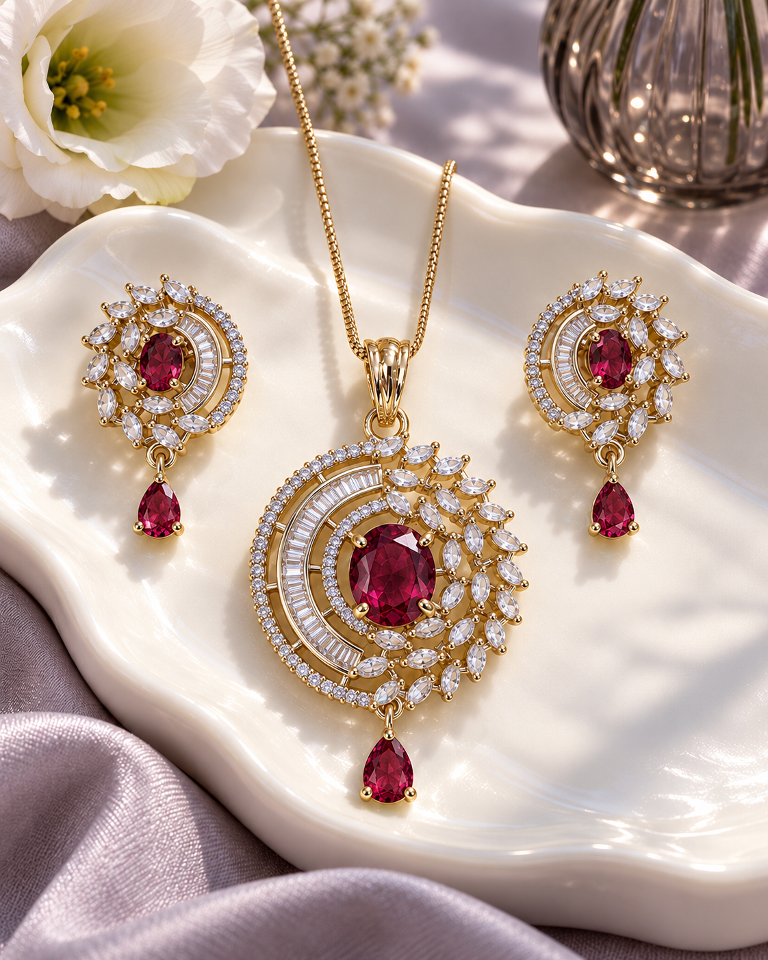 Celestial Halo Drop Chain Pendant and Earring Set in Red, Gold-tone setting, artistic jewellery display