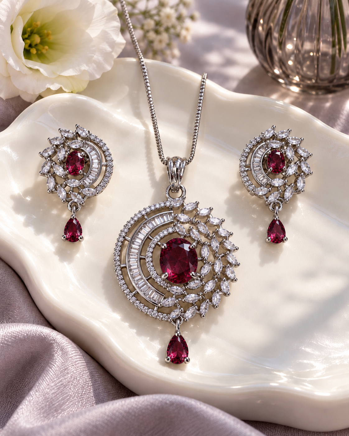 Celestial Halo Drop Chain Pendant and Earring Set in Red, Silver-tone setting, artistic jewellery display