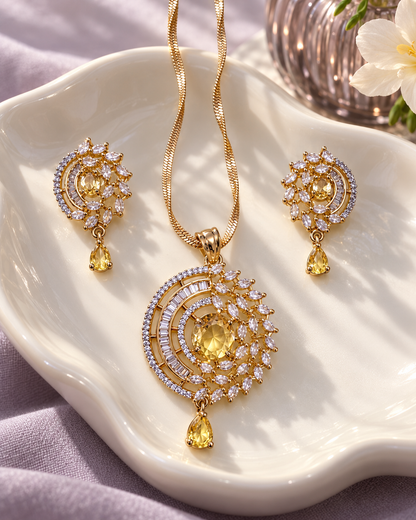 Celestial Halo Drop Chain Pendant and Earring Set in Yellow, Gold-tone setting, artistic jewellery display