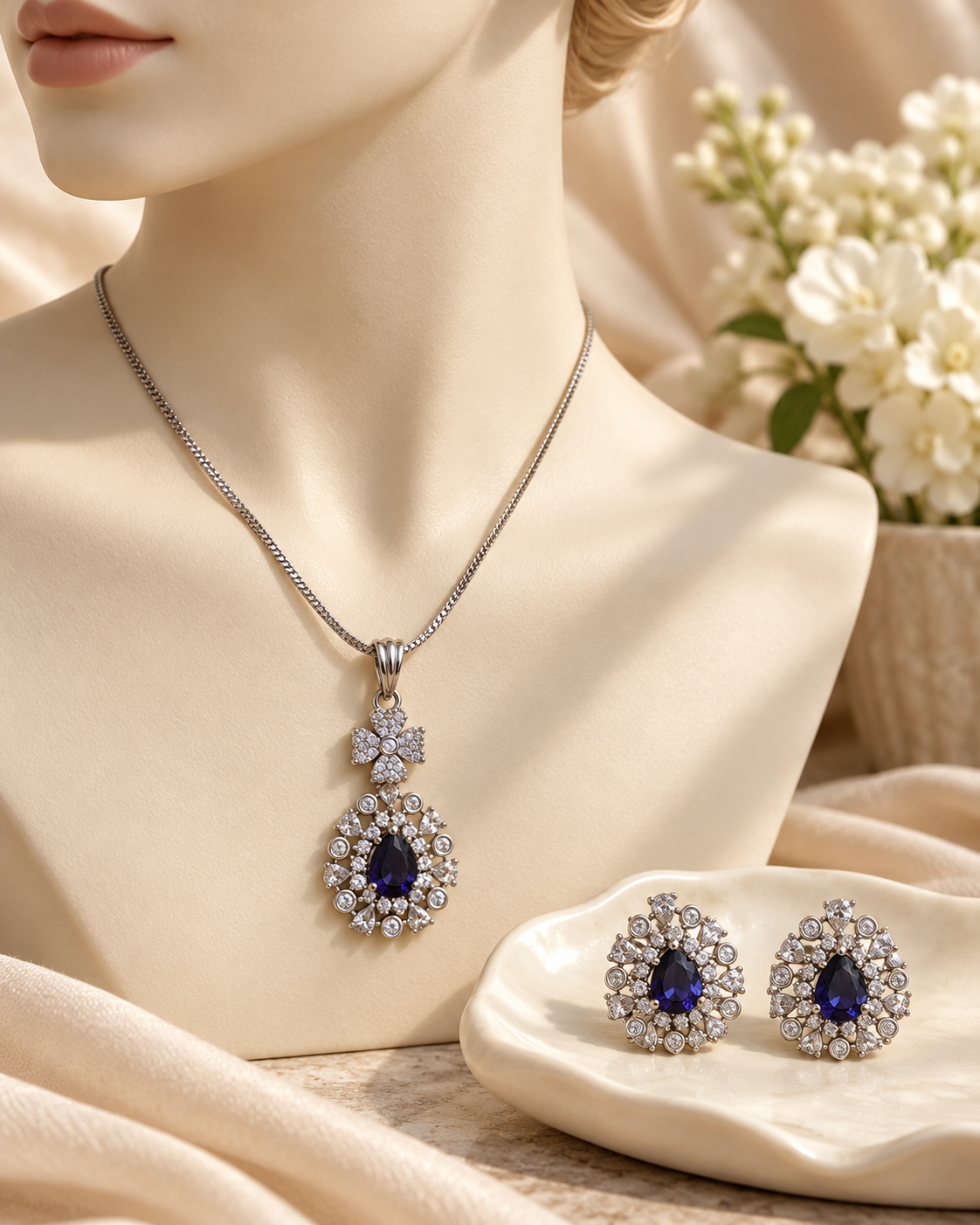 Floral Bail Pear Halo Chain Pendant Set in Blue, Silver-tone setting, artistic jewellery display