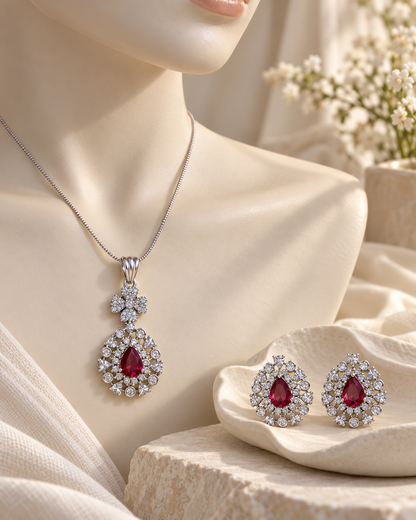 Floral Bail Pear Halo Chain Pendant Set in Red, Silver-tone setting, artistic jewellery display