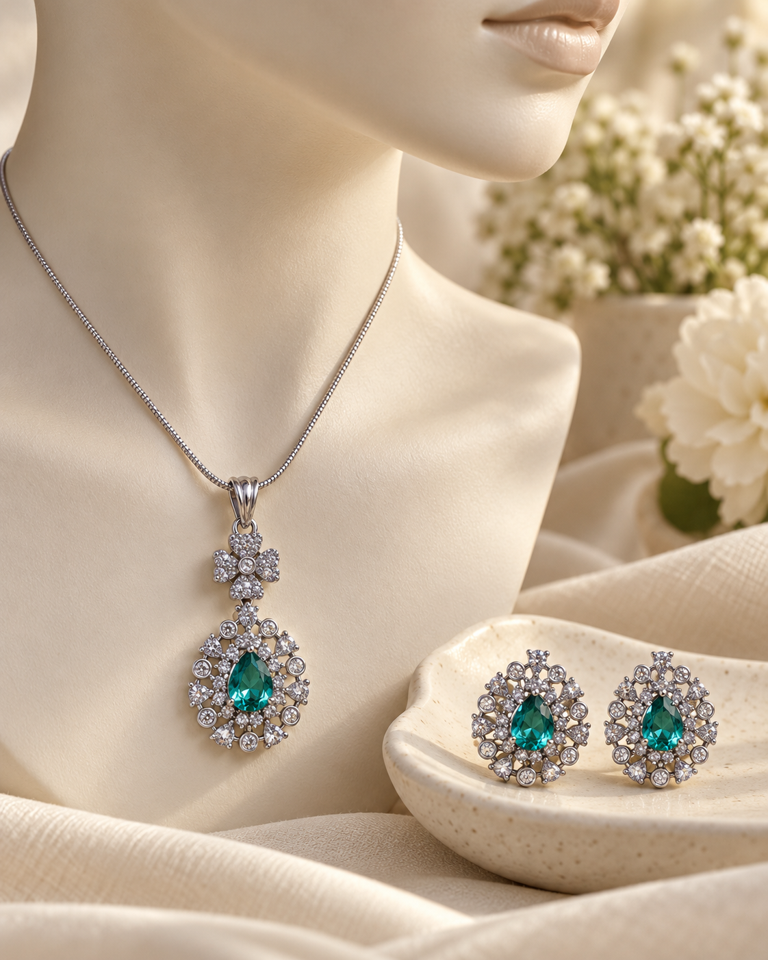 Floral Bail Pear Halo Chain Pendant Set in Teal, Silver-tone setting, artistic jewellery display