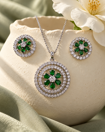 Daisy Medallion Chain Pendant and Stud Set in Green, Silver-tone setting, artistic jewellery display